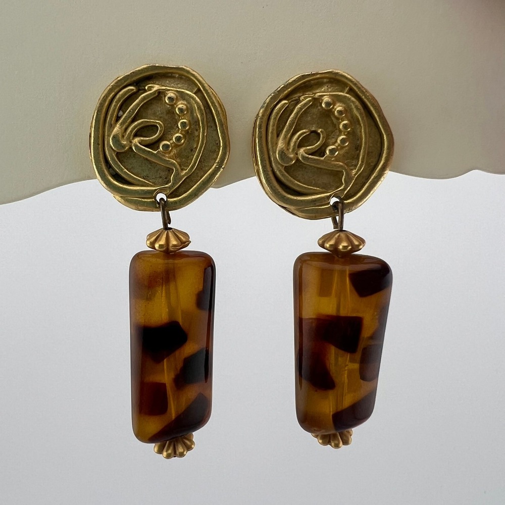 Vintage Tortoiseshell Look Clip On Earrings Gold Tone Statement Dangle